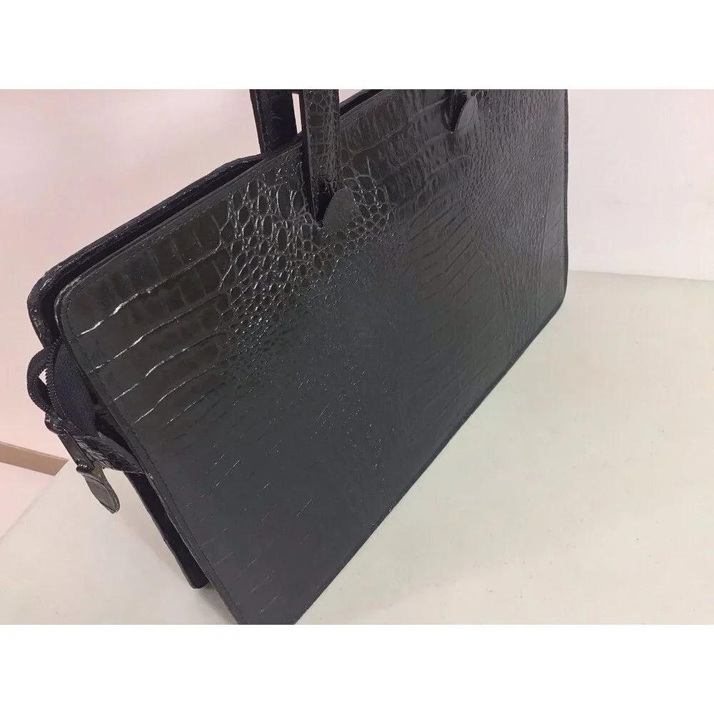 Vintage Croc Embossed Black Leather Laptop Bag Briefcase